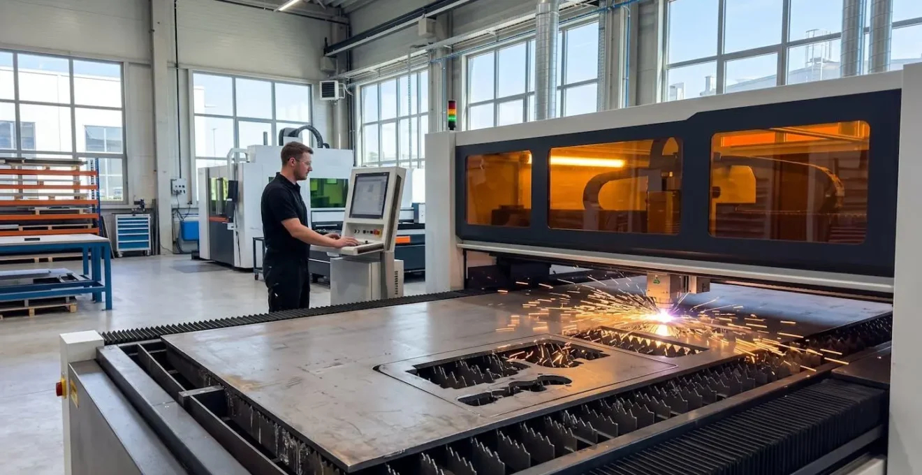 Un opérateur surveille une machine de découpe laser Fibre en action, le faisceau lumineux découpe une épaisse tôle d'acier dans un atelier moderne