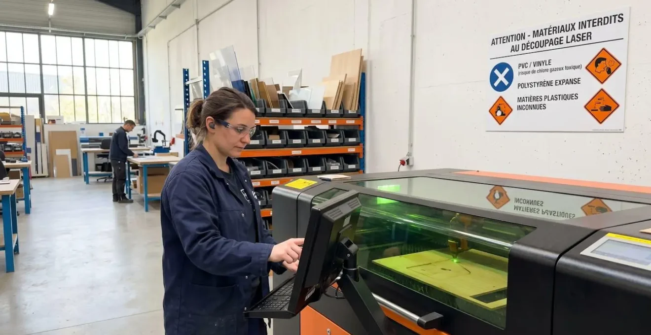 Panneau d'avertissement sur les plastiques interdits à la découpe laser, affiché dans un atelier français, avec pictogrammes de sécurité