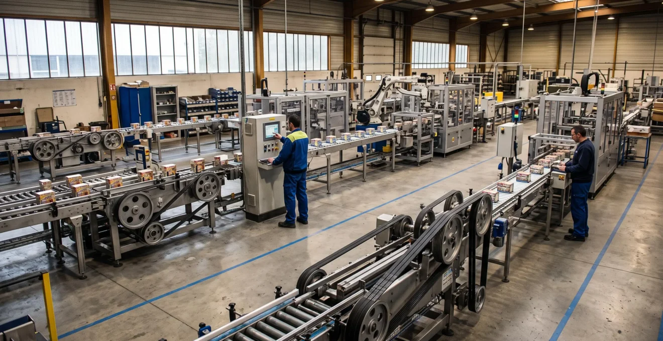 Vue d'ensemble d'une ligne de production industrielle équipée de plusieurs systèmes de transmission par courroies Poly V