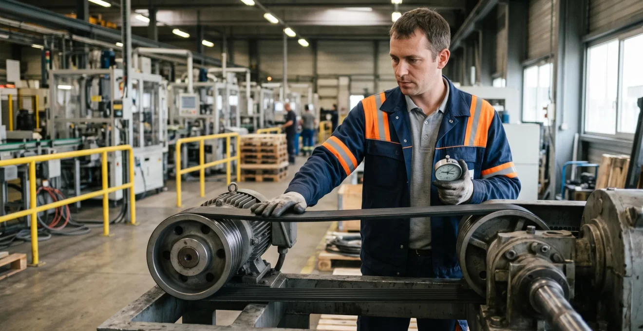 Technicien de maintenance inspectant une courroie Poly V installée sur un système de transmission dans une usine de production