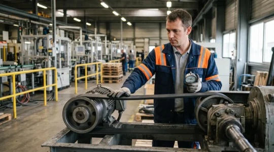 Technicien de maintenance inspectant une courroie Poly V installée sur un système de transmission dans une usine de production